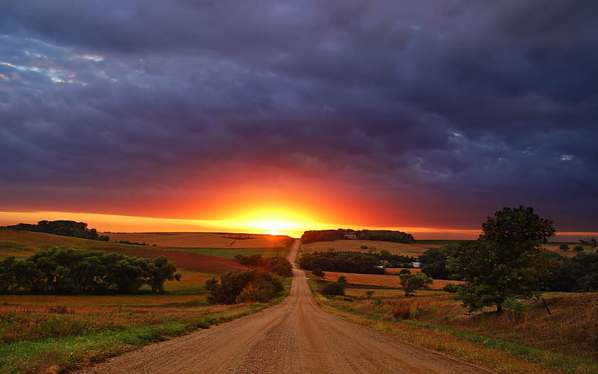 Hübscher Land-Sonnenuntergang, Land-Herbst-Sonnenuntergang HD-Hintergrundbild