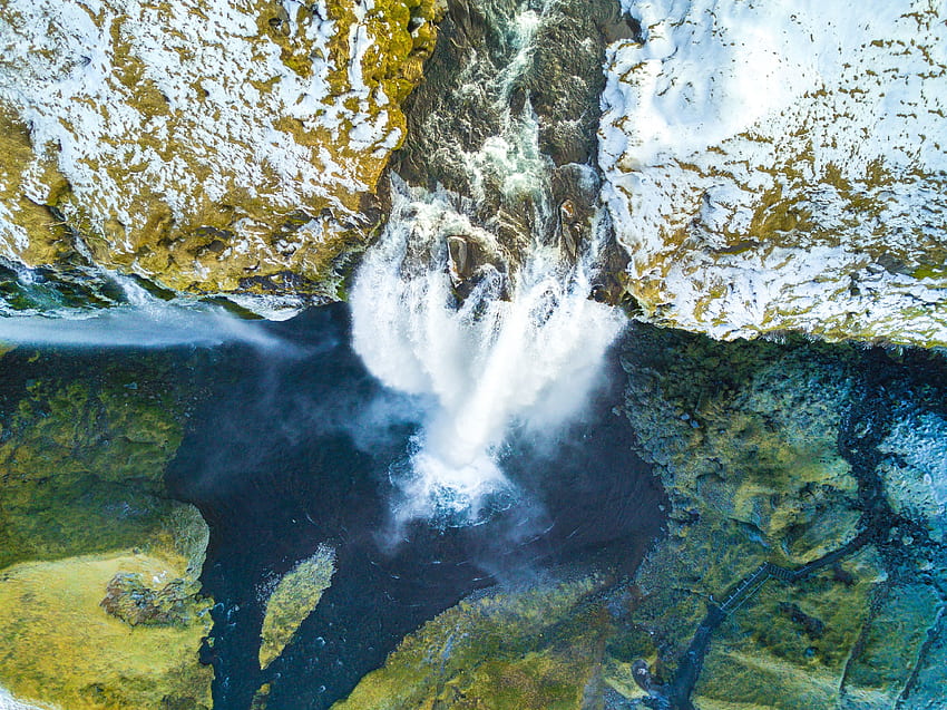 Skogafoss, waterfall, aerial view, Iceland, nature HD wallpaper