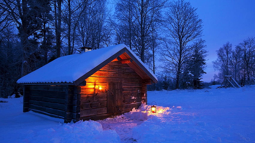 Forest Cabin in Sweden, light, evening, winter, snow, trees, landscape HD wallpaper