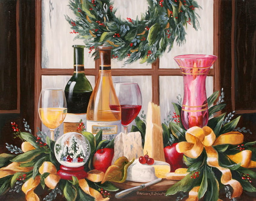 Christmas Delights, table, window, ribbons, fruits, painting, candle, globe, cheeses, decorations, glass, knife, candle holder, wine, wreath HD wallpaper