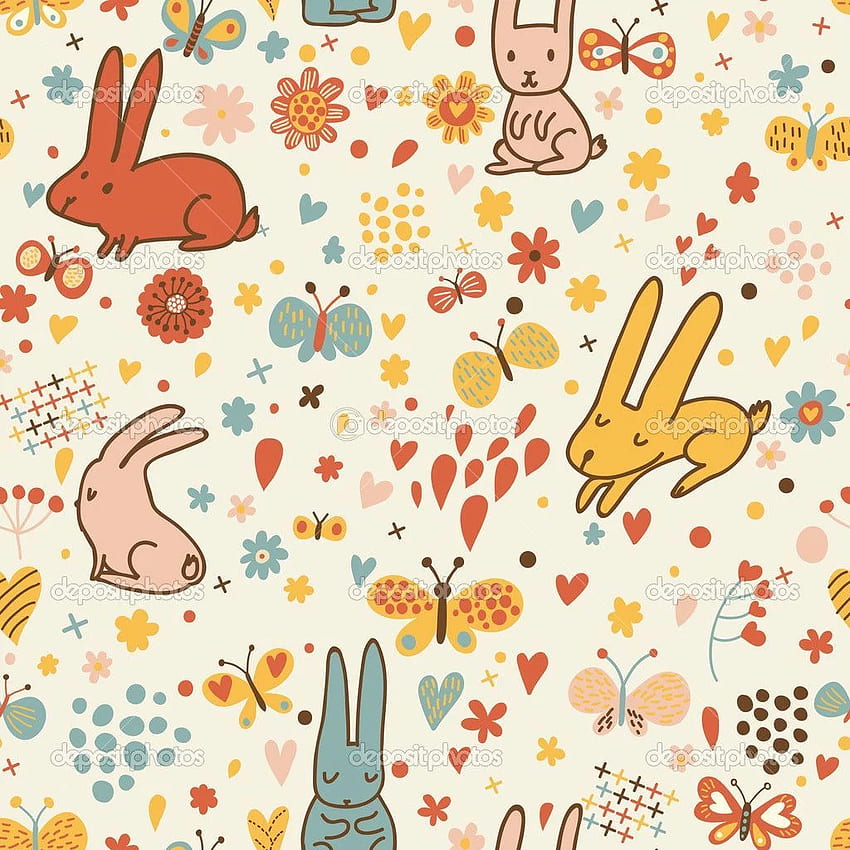 Lindos conejos y mariposas en vector. Bonito infantil, dibujos animados mixtos fondo de pantalla del teléfono