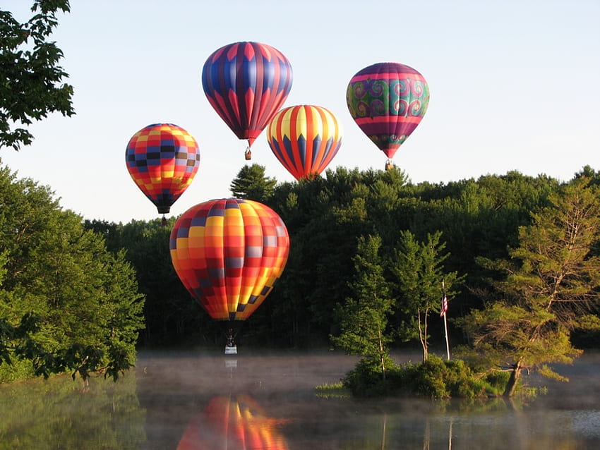 Up and Up and Away, trees, hot, balloons, air HD wallpaper