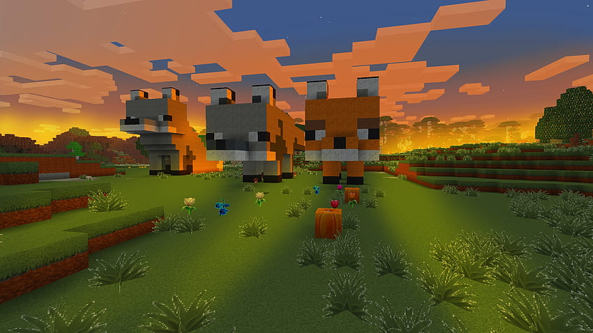 Minecraft Fox in a Field, Sunset in Minecraft, Pixel Animals in RealmCraft HD wallpaper
