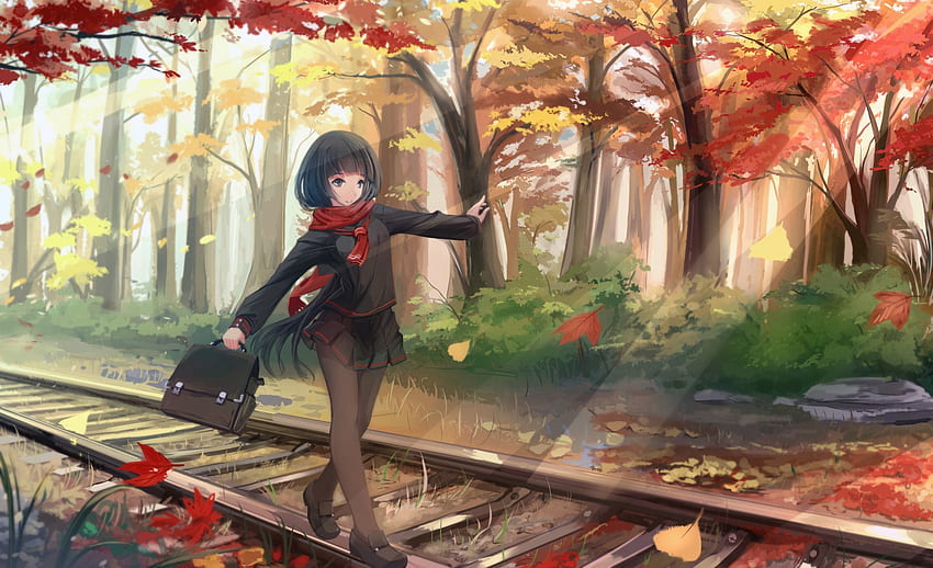 Anime Girls, Original Characters, Fall, Black Hair, Schal, Leaves, Long Hair, Pantyhose, School Uniform, Trees / and Mobile ... HD-Hintergrundbild