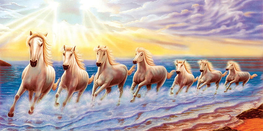 INCLURE White 7 Horse Running Natural Vastu Painting (Vinyle, pouces, Multicolore) : Maison et Cuisine, Sept Chevaux Fond d'écran HD
