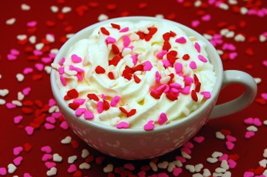 Sprinkles of Love, white, cappaccino, Valentines, cup, candy, Valentine, pink, Valentiens Day, red, coffee, hearts, cream HD wallpaper