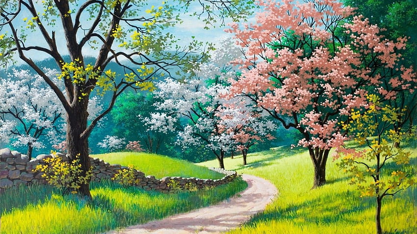 Spring, Painting, Trees, Cherry Blossom, Artwork HD wallpaper