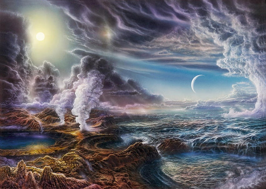 โลกยุคแรก ที่ดิน มหาสมุทร ภูเขาไฟ โลก ควัน หลุมอุกกาบาต ดวงจันทร์ ดวงอาทิตย์ วอลล์เปเปอร์ HD