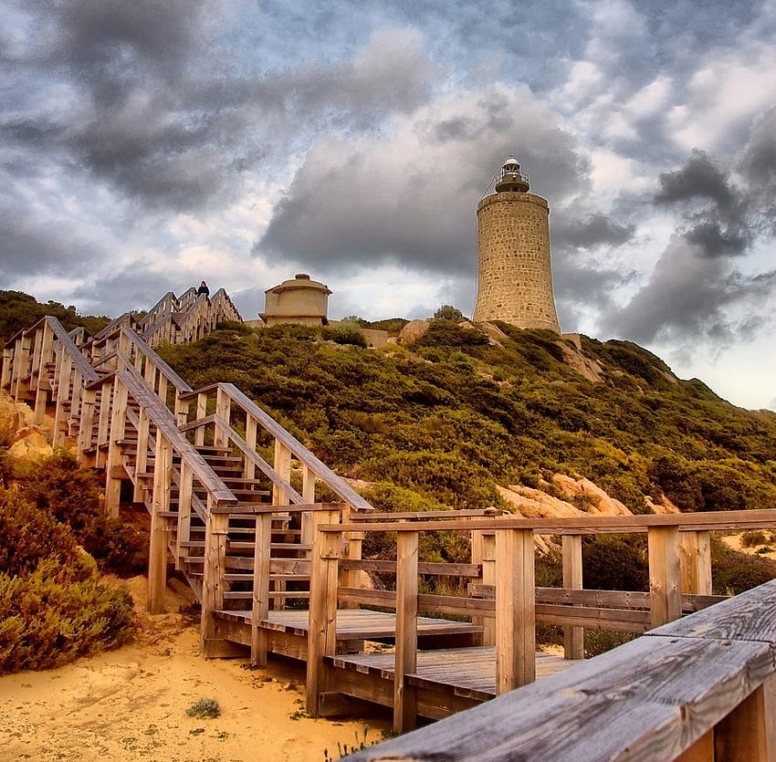 Lighthouse Stairway, lighthouse, cloudy, stairway, stirs, clouds, sky HD wallpaper