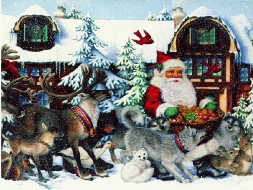 サンタとプレゼント、トナカイ、雪、クリスマス、ギフト、サンタ 高画質の壁紙