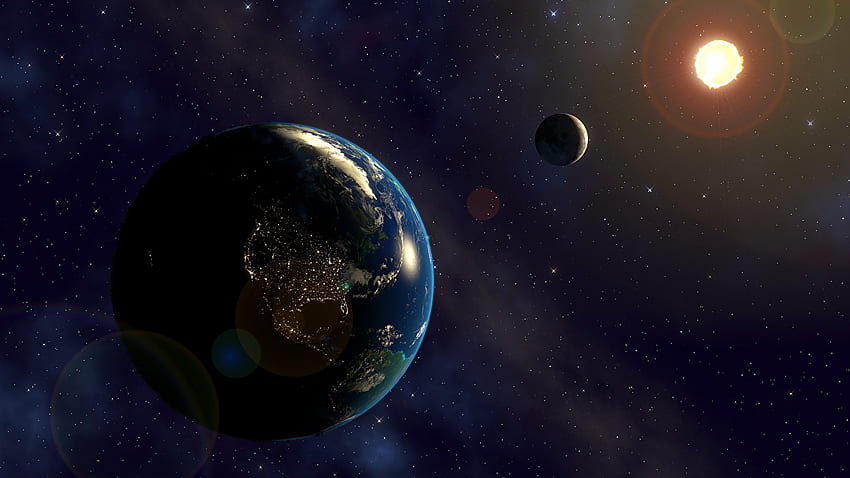 Ziemia planeta Słońce Przestrzeń kosmiczna Grafika 3D Księżyc Tapeta HD