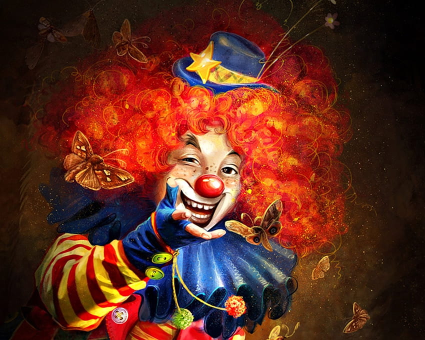 Clown, blue, art, irina pechenkina, smile, butterfly, fantasy, flower, yellow, red, luminos HD wallpaper