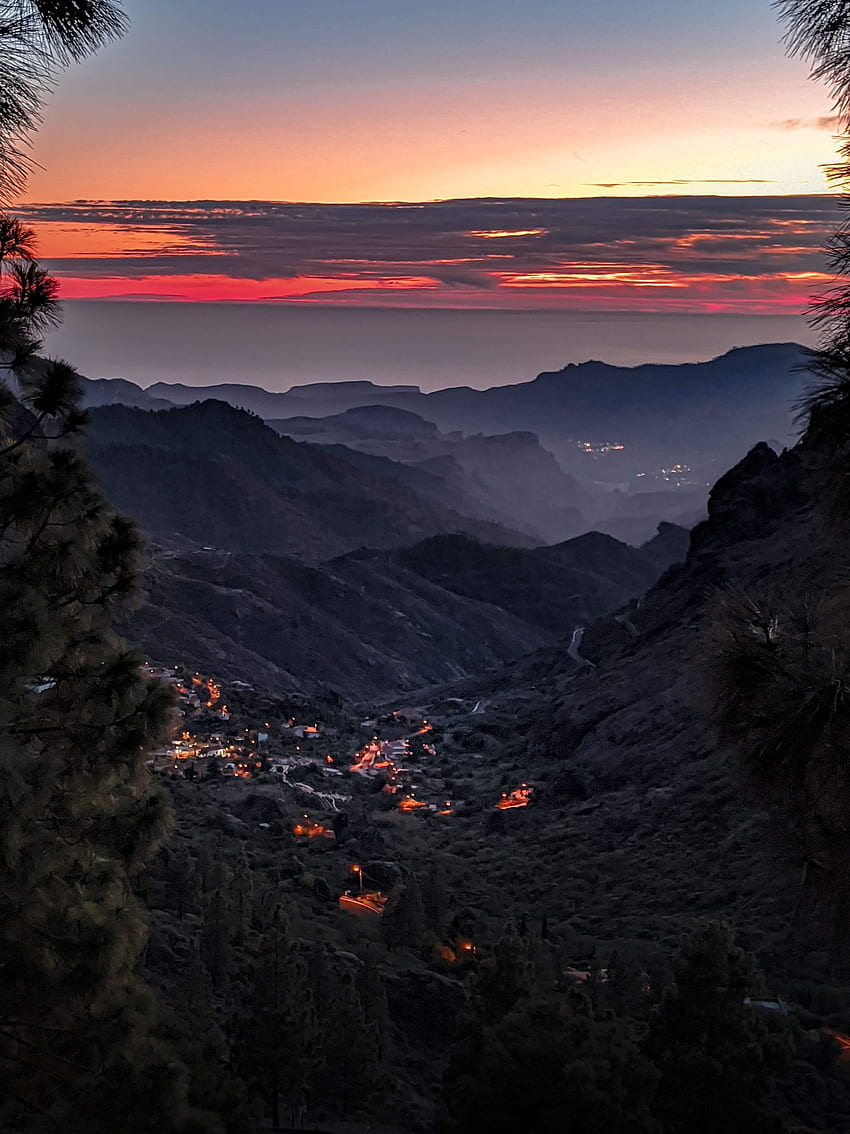 Nature, Sunset, Mountains, Hills, Settlement HD phone wallpaper