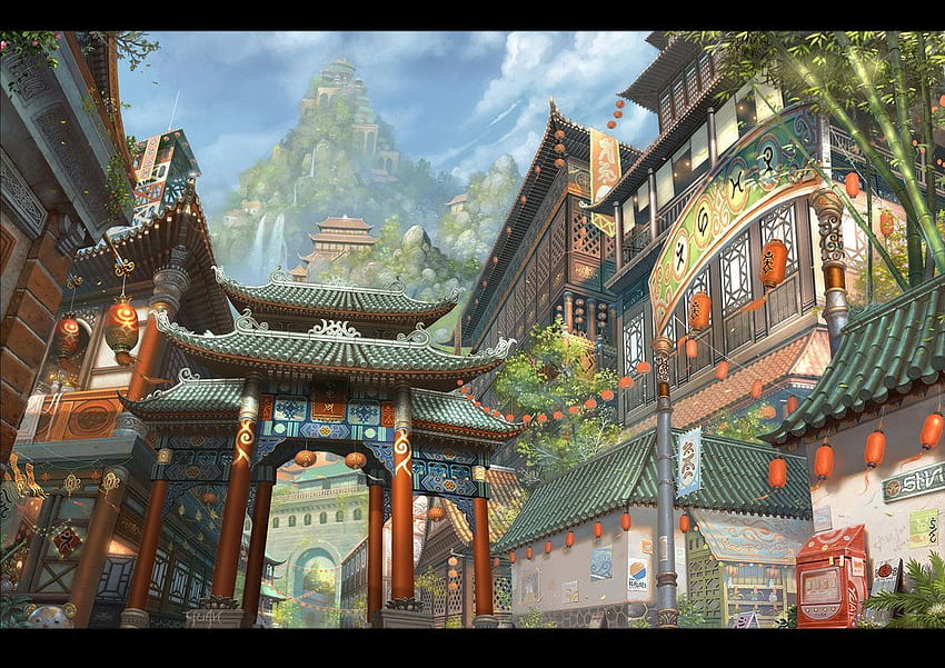 아시아 스타일의 도시 풍경. 이것은 중국이 아니며 중국 마을도 아닙니다. HD 월페이퍼