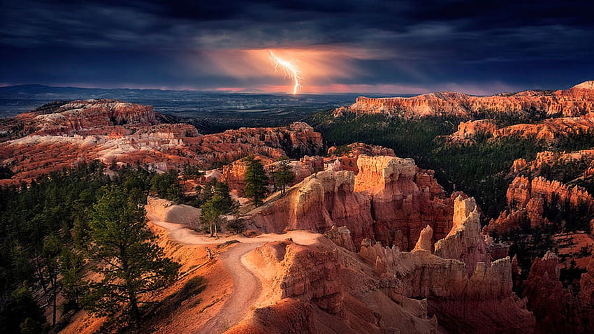 Lightning Over Bryce Canyon, thunderstorm, clouds, USA, sky, rocks, Utah, mountains HD wallpaper