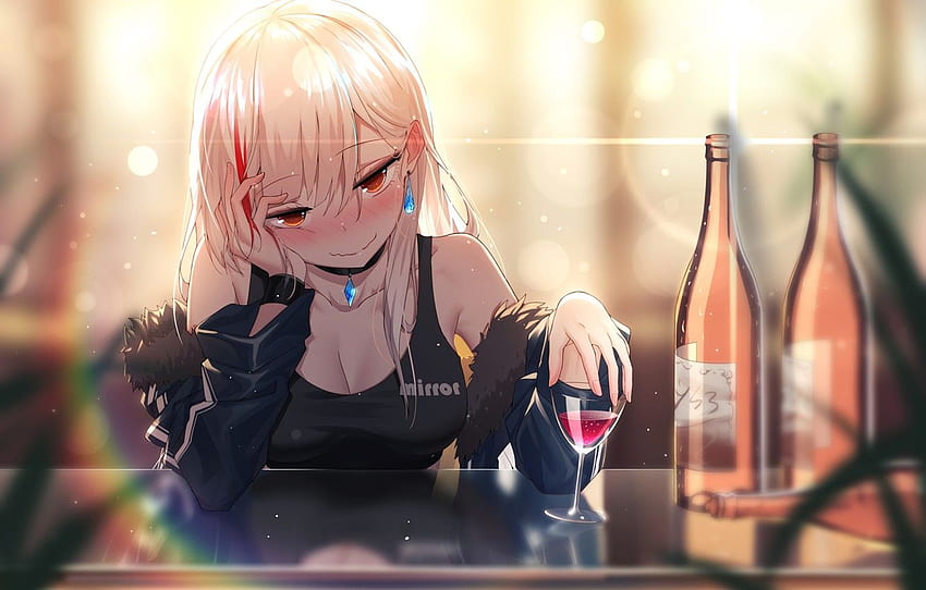 보기, 소녀, 와인, 유리, 바, 술에 취한, 병, Bottle for , 섹션 섹션, Anime Bar HD 월페이퍼
