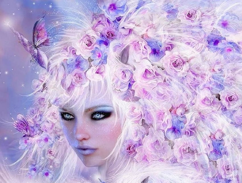 ~Roses Goddess~, weiß, Rosen, seltsame Dinge, die Menschen tragen, digitale Kunst, Göttin, kreative vorgefertigte, lila, gemischte Medien, Schmetterlinge, Liebe vier Jahreszeiten, Fantasie, Schmetterlingsdesigns HD-Hintergrundbild