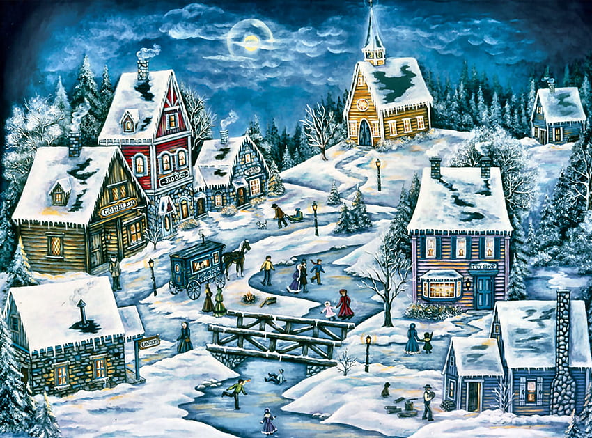Hidden Mountain Village F, зима, архитектура, изкуство, пейзаж, красива, илюстрация, произведения на изкуството, декори, широк екран, , вили, сняг, вила, село HD тапет