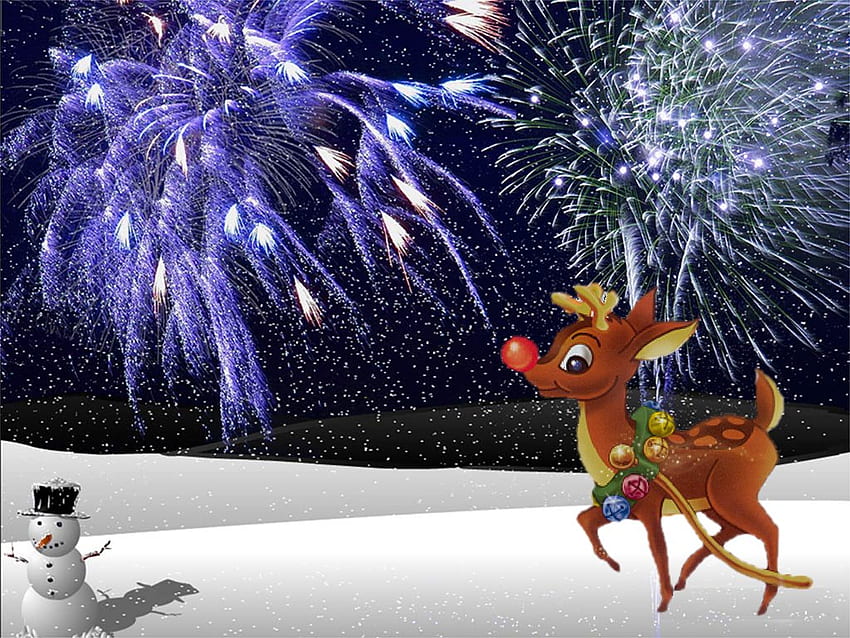 Christmas fireworks, snowman, firework, deer, christmas HD wallpaper