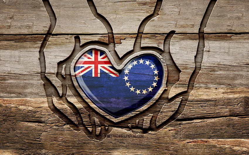 I love Wyspy Cooka, , drewniane rzeźbione ręce, Dzień Wysp Cooka, Flaga Wysp Cooka, Flaga Wysp Cooka, Take care Wyspy Cooka, kreatywny, Flaga Wysp Cooka w ręku, rzeźbienie w drewnie, Kraje Oceanii, Wyspy Cooka Tapeta HD