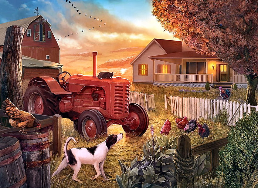 Dusk at the Farm F1, arquitetura, arte, cachorros, paisagem, fazenda, bonita, obra de arte, cenário, tela larga, pintura, animais de estimação, galinhas, canino, trator papel de parede HD