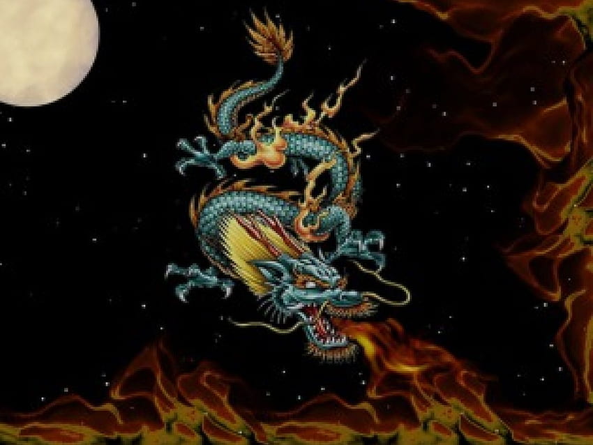 Dragon Night, full moon, moon, flames, scorch, fire HD wallpaper