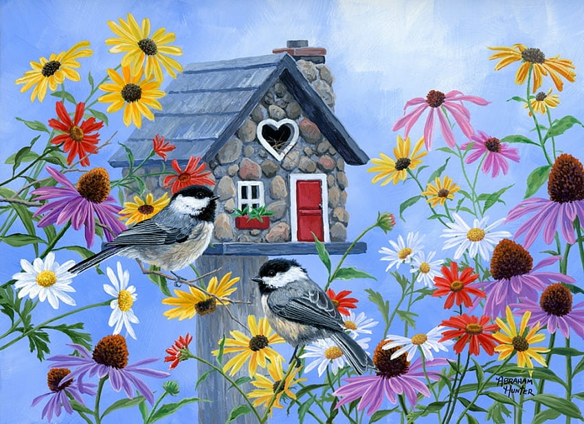 Tweetheart cottage, abraham hunter, art, bird, house, summer, painting, pictura, flower, pasari, vara HD wallpaper