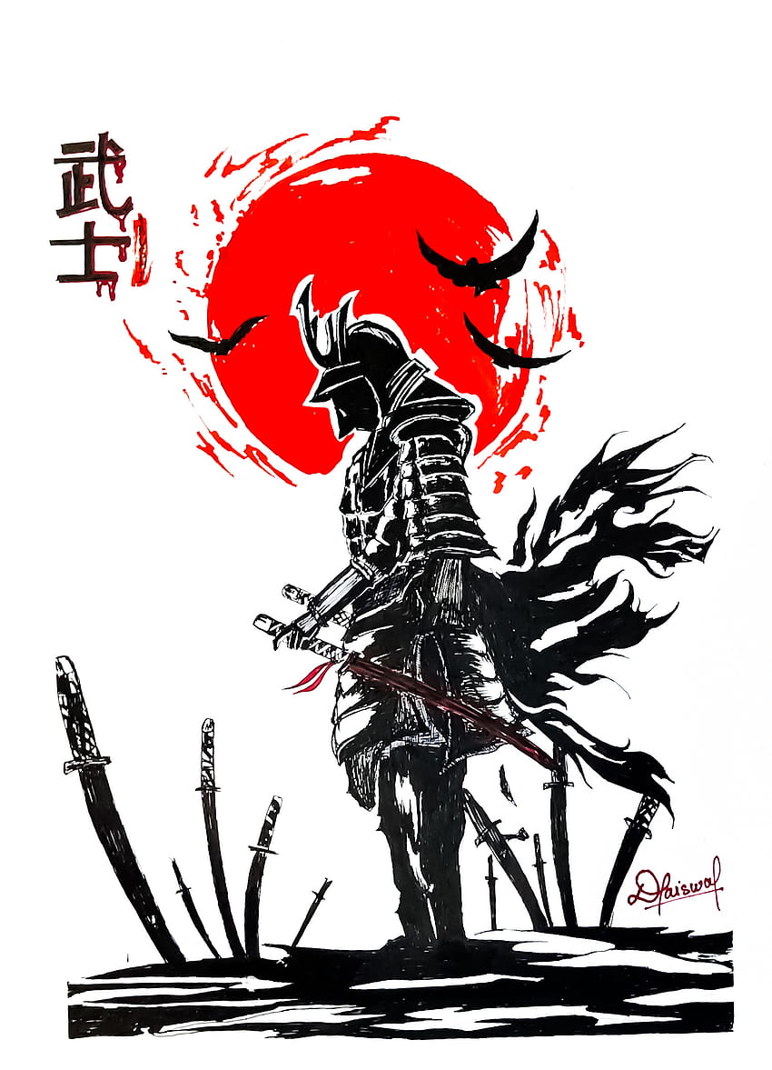 Samurai, red, art, fictional characters, black, Japanese HD phone wallpaper
