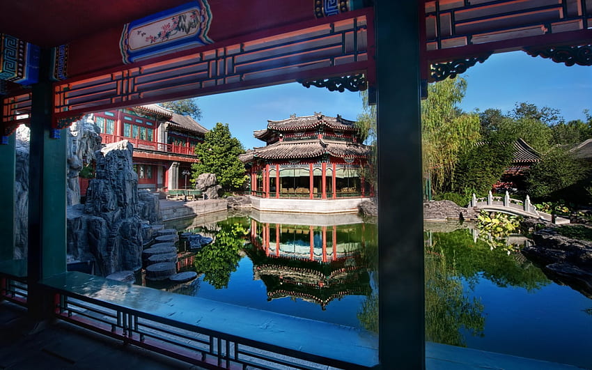 Temple, japanese, japan, oriental, lake HD wallpaper