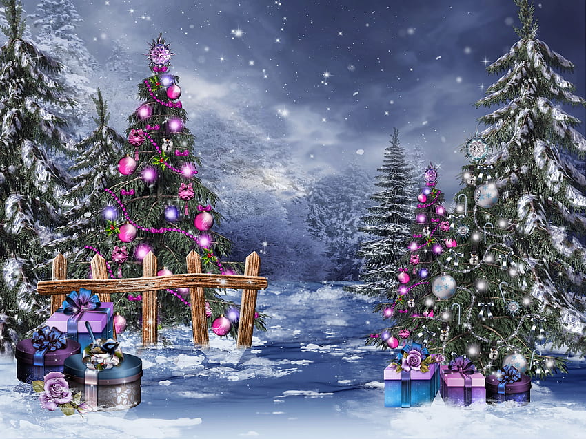Christmas magic tree winter snow gifts boxes beads balls HD wallpaper ...
