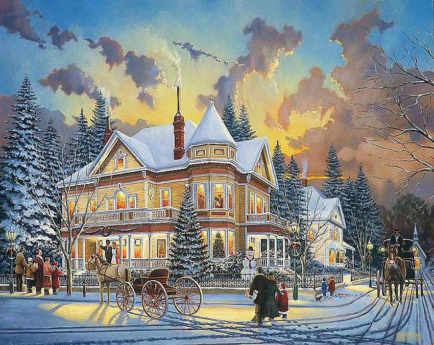 Victorian Christmas, winter, horse, house, people, artwork, coach, painting, snow, street HD wallpaper