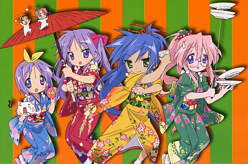 Lucky Star, blue, umbrella, kimono, konata izumi, miyuki, twin tails, long hair, pony tail, miyuki takara, glasses, tsukasa, blue hair, tsukasa hiiragi, purple, kagami hiiragi, kagami, pink, konata, green eye HD wallpaper