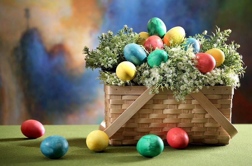 Easter Basket, basket, still life, holiday, Easter, flowers, eggs HD wallpaper