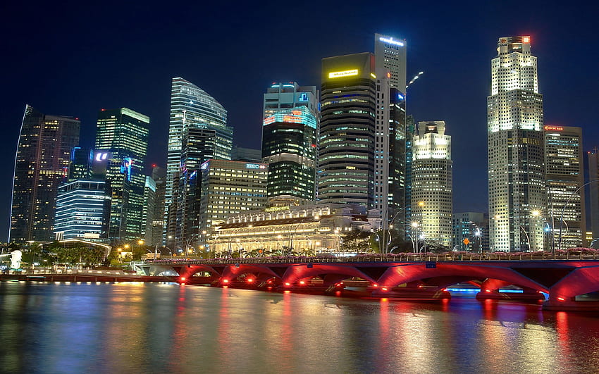 Malaysia Singapore City At Night River Bridge Building Skyscrapers Night Lighting, Old Singapore HD wallpaper