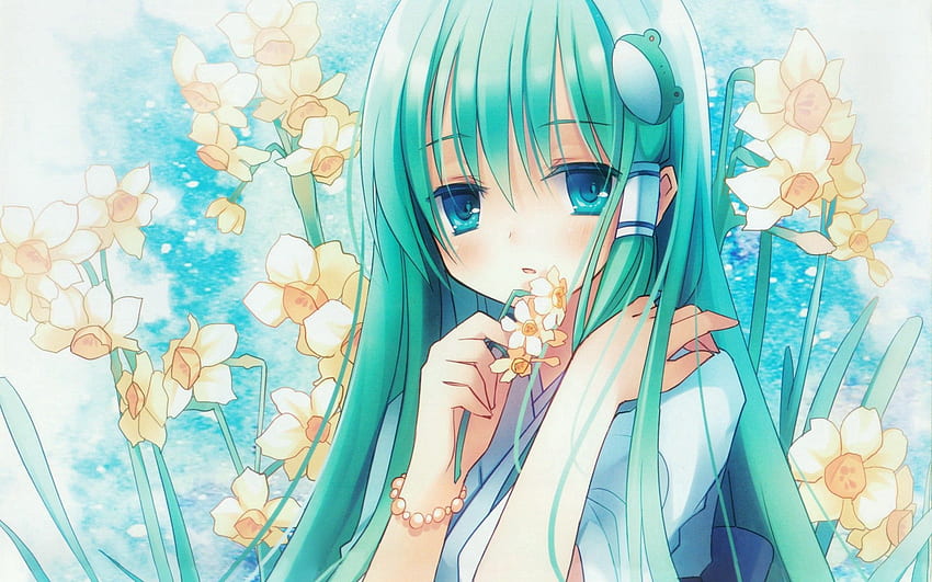Anime, Blume, Mädchen, Haar, Narzisse, lang HD-Hintergrundbild