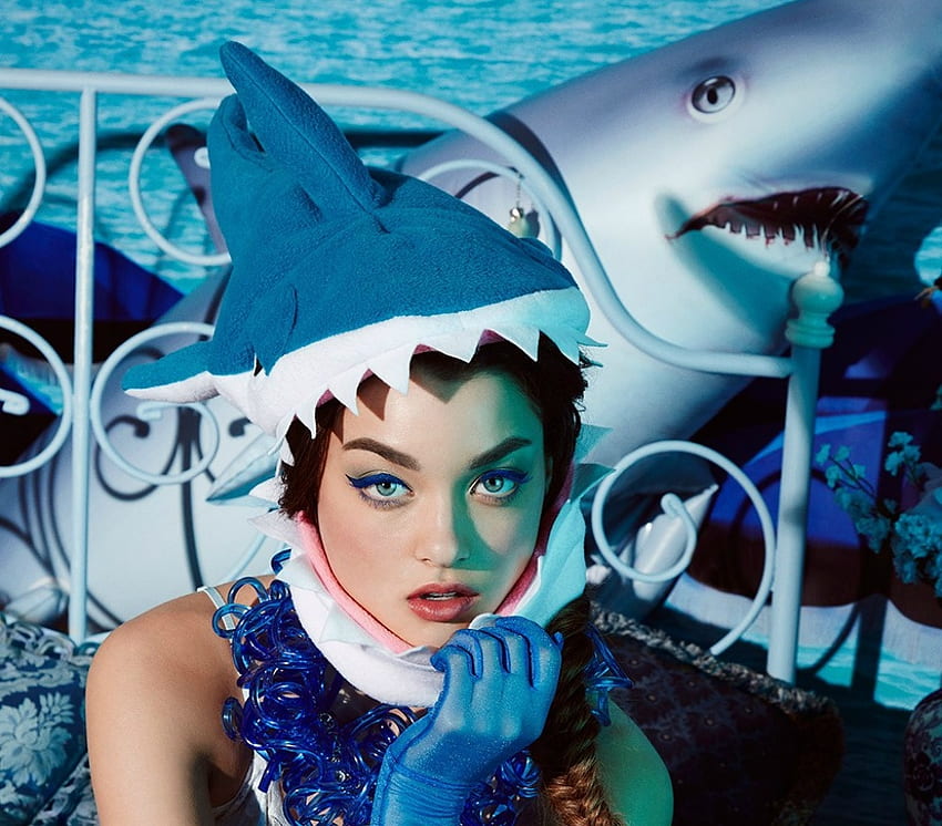 Model, blue, white, girl, shark, beauty, woman, summer, fashion HD wallpaper