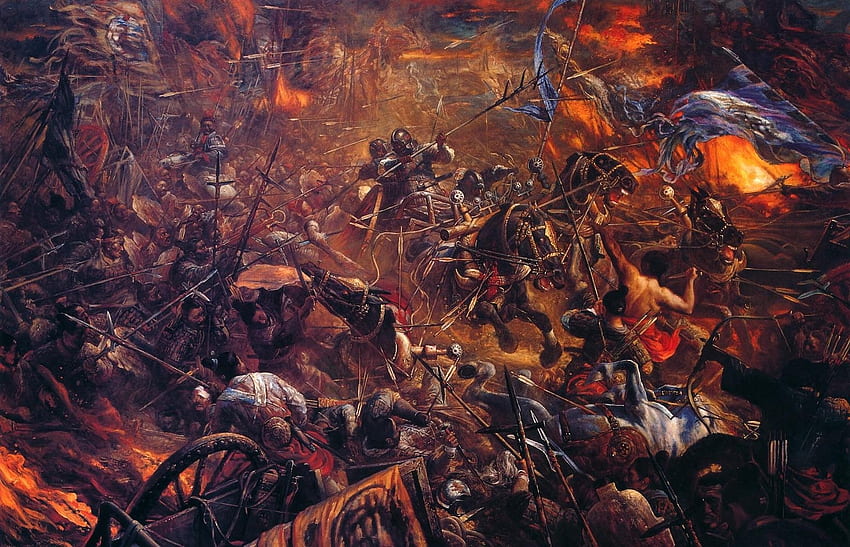 Han chariot attacks Qin's army, horse, chariot, art, fight, han, painting, wang kewei, pictura, battle HD wallpaper