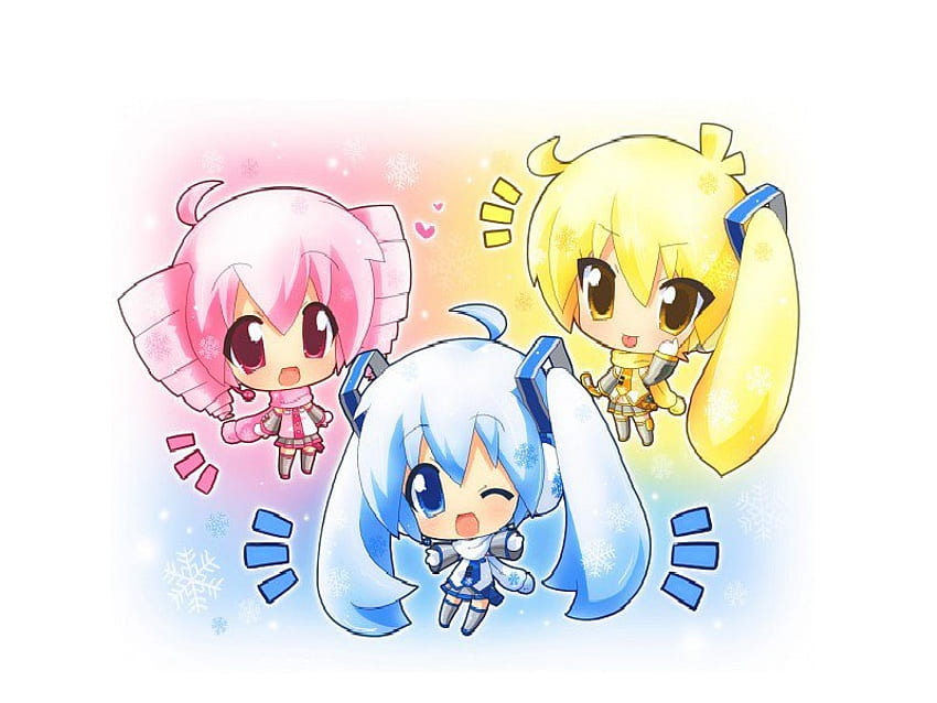 Triple Baka Trio, blue, song, hatsune miku, aita neru, kasane teto, pink, snow, yellow, girls, triple baka HD wallpaper