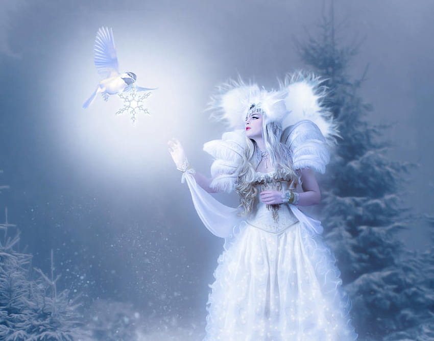 Peri musim dingin, biru, musim dingin, putih, burung, mrscats, gadis, peri, fantasi, luminos Wallpaper HD