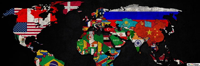 Peta dunia dengan karya seni bendera, Peta Monitor Ganda Wallpaper HD