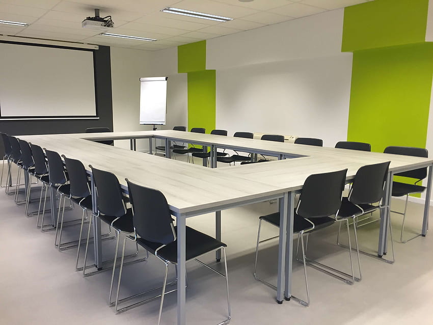 board room, chairs, conference room, floor, indoors, meeting, office, projector, room, table, white screen, whiteboard . HD wallpaper