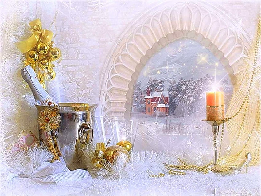 31 Aralık 2013, küre, kış, şampanya, ev, süs eşyaları, şişe, natürmort, soyut, mum, kar, ağaçlar, görünüm HD duvar kağıdı