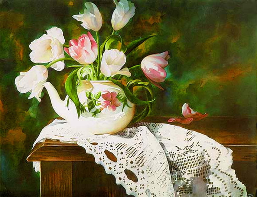 Tulips and lace - painting, pink, white, lace, tulips, teapot HD wallpaper