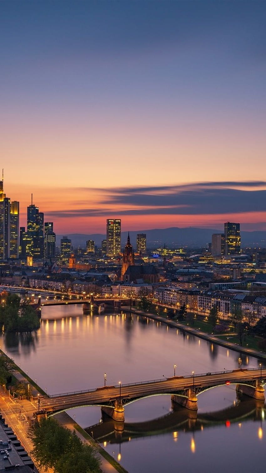 Frankfurt am main, Germany, city, night, river, bridge HD phone wallpaper