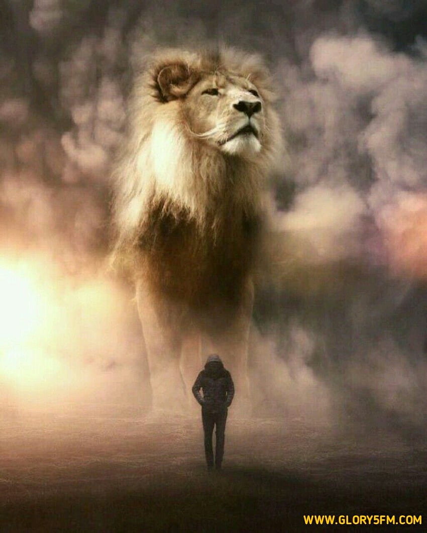 Лъвът на Юда ти пази гърба. Самотен човек, който се разхожда с Краля на царете, който се грижи за него. Пророческо изкуство. Гигантски животни, Лъв, Лъв, Исус Лъв HD тапет за телефон