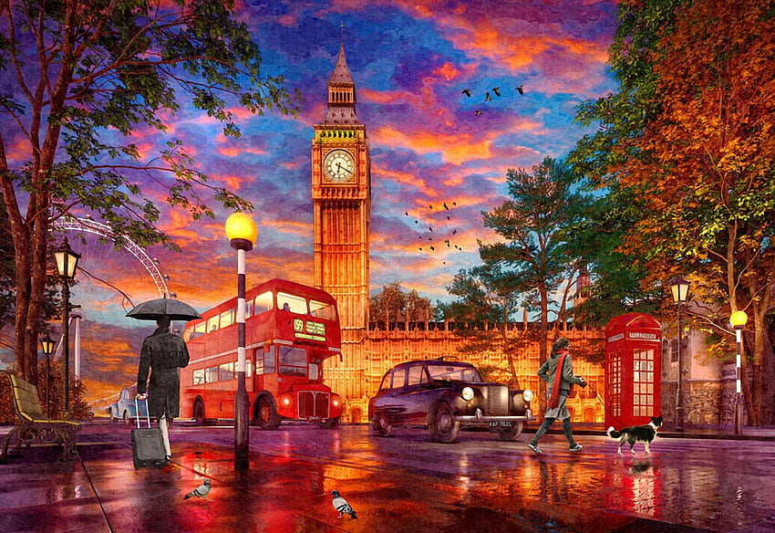 Parliament Square Sunset, big ben, artwork, buildings, digital, lights, clouds, sky, bus, sunset HD wallpaper