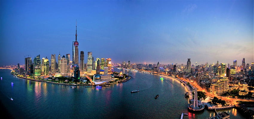 建築 中国 都市 街並み 夕暮れ ライト 上海 トワイライト、上海のスカイライン 高画質の壁紙
