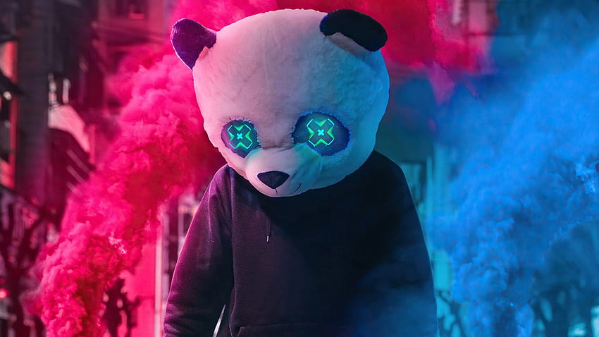 Panda-Maske, Neon, Pink, Blau, Rauch HD-Hintergrundbild