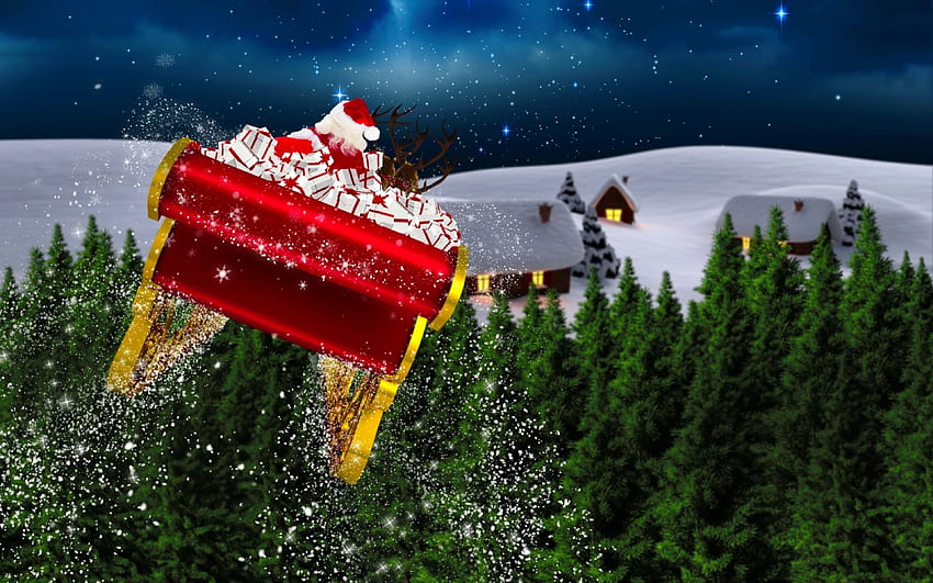 Santa's sleigh, night, winter, gifts, stars, rise, holiday, sleigh, reindeers, snow, christmas, funny, santa HD wallpaper