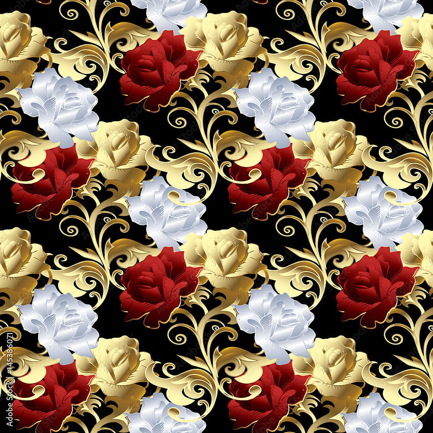 Roses seamless pattern. Floral black background illustration with vintage red, gold and white 3D roses flowers, swirl leaves, floral damask ornaments.Vector luxury texture for fabric, print Stock Vector HD phone wallpaper
